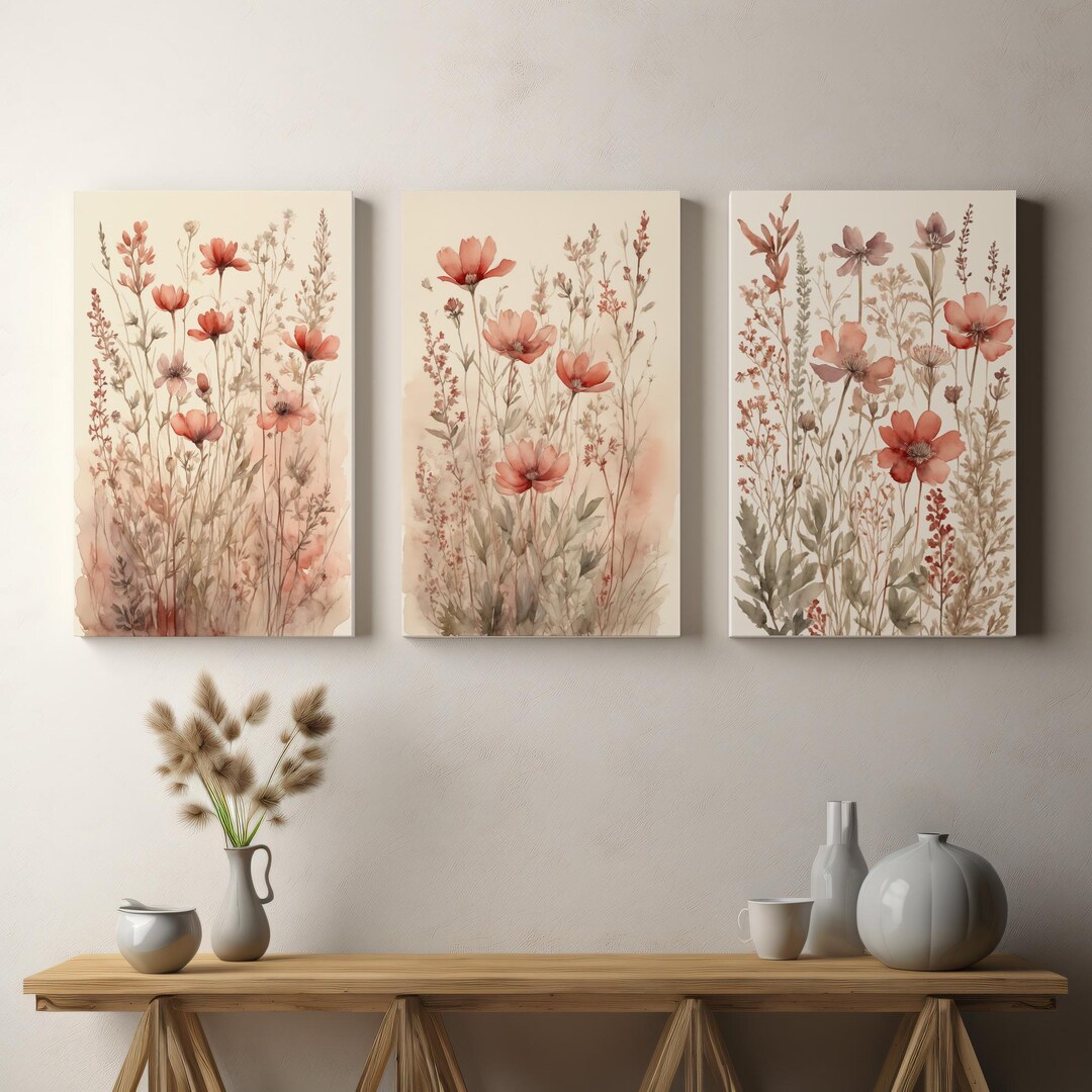 Wildflower Meadow Set of 3, Watercolor Botanical Wall Art, Soft Floral ...