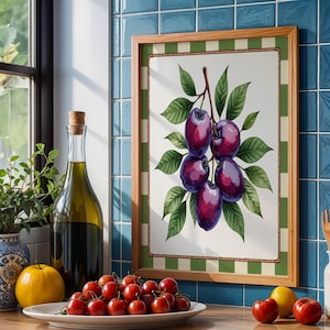 Vintage Plum Botanical Art Print – Watercolor Nature Illustration, Kitchen Wall Art, Modern Farmhouse Fruit Decor