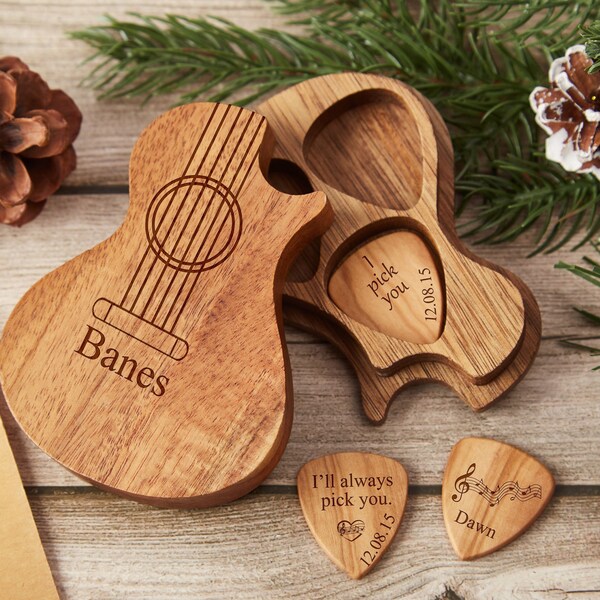 I pick you guitar pick Personalized Wooden Guitar Picks with Case Custom Wooden Guitar Pick Holder Plectrum Box Guitar Player Gift Birthday