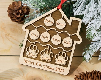 Family Christmas Ornament, Personalized Family and Pet Ornament, Family Member Names Ornament with Pet Paw, 2023 Engraved Wood Ornament Gift