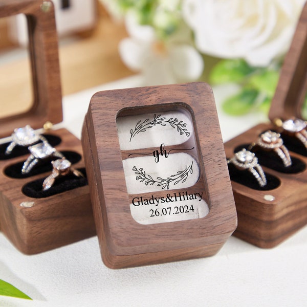 Custom Engagement Ring Box, Personalized 3 Slots Ring Box, Wooden Ring Bearer Pillows, Proposal Ring Box, Triple Slot Wooden Velvet Ring Box