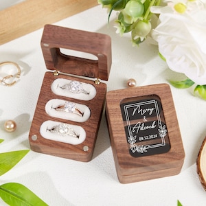 Caja de anillo de boda personalizada con triple ranura, caja de anillo de compromiso, caja de anillo de madera triple, caja de anillo portador de 3 anillos, soporte de caja de anillo, propuesta de caja de anillo imagen 1