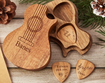 I pick you guitar pick Personalized Wooden Guitar Picks with Case Custom Wooden Guitar Pick Holder Plectrum Box Guitar Player Gift Birthday