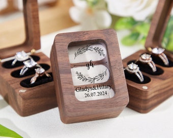 Custom Engagement Ring Box, Personalized 3 Slots Ring Box, Wooden Ring Bearer Pillows, Proposal Ring Box, Triple Slot Wooden Velvet Ring Box
