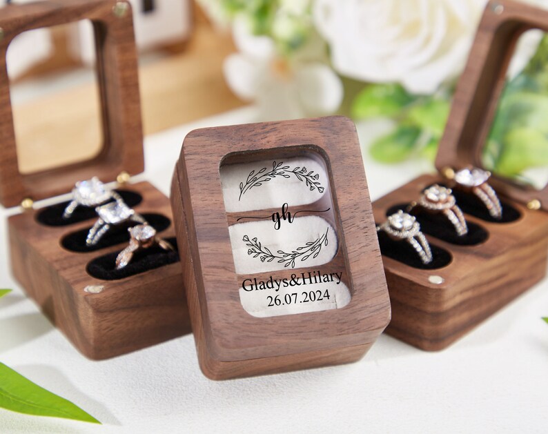 Caja de anillo de boda personalizada con triple ranura, caja de anillo de compromiso, caja de anillo de madera triple, caja de anillo portador de 3 anillos, soporte de caja de anillo, propuesta de caja de anillo imagen 3