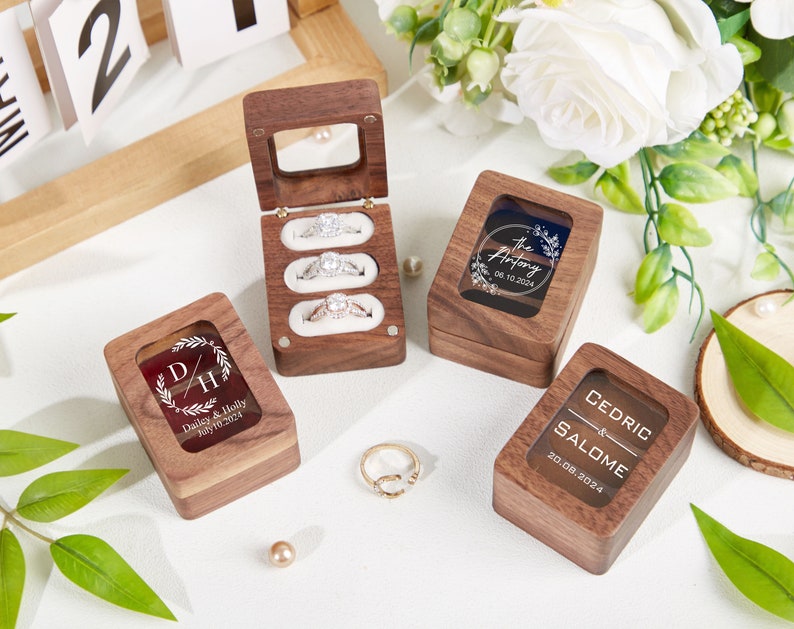 Caja de anillo de boda personalizada con triple ranura, caja de anillo de compromiso, caja de anillo de madera triple, caja de anillo portador de 3 anillos, soporte de caja de anillo, propuesta de caja de anillo imagen 6
