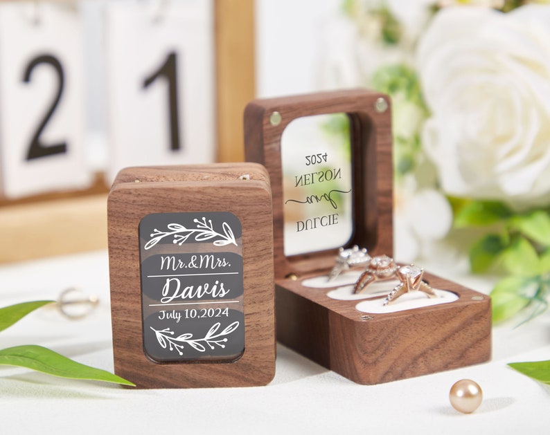 Caja de anillo de boda personalizada con triple ranura, caja de anillo de compromiso, caja de anillo de madera triple, caja de anillo portador de 3 anillos, soporte de caja de anillo, propuesta de caja de anillo imagen 8