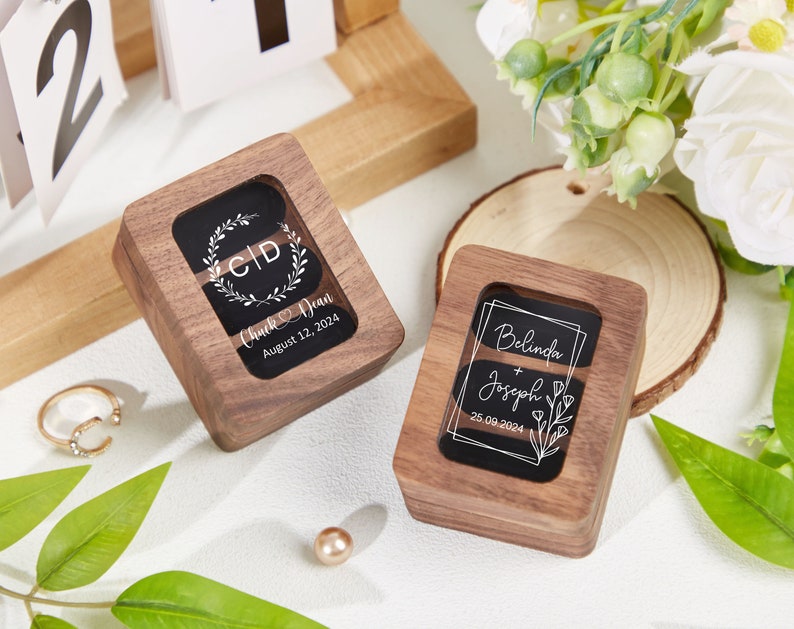 Caja de anillo de boda personalizada con triple ranura, caja de anillo de compromiso, caja de anillo de madera triple, caja de anillo portador de 3 anillos, soporte de caja de anillo, propuesta de caja de anillo imagen 10