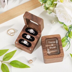 Caja de anillo de boda personalizada con triple ranura, caja de anillo de compromiso, caja de anillo de madera triple, caja de anillo portador de 3 anillos, soporte de caja de anillo, propuesta de caja de anillo imagen 9