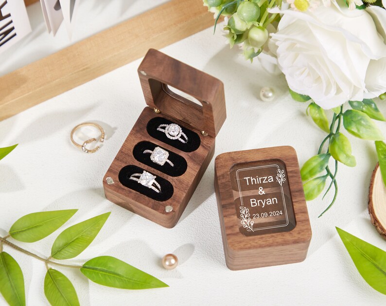Caja de anillo de boda personalizada con triple ranura, caja de anillo de compromiso, caja de anillo de madera triple, caja de anillo portador de 3 anillos, soporte de caja de anillo, propuesta de caja de anillo imagen 9