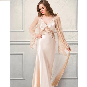 Bridal Satin Nightgown and Lace Robe Set,Bridal Lingerie Set,Sexy Nightgown,Satin Lace Bridal Robe Set,Sexy Honeymoon Robe Set,Nightgown