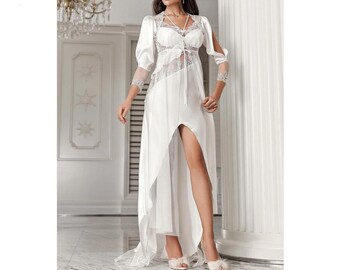 Ecru Satin Nightgown Set,Lace Bridal Nightgown,Wedding Nightgown and Robe Set,Ecru Satin Lace Robe,Bridal Robe,Bridal Gift,Lace Tulle Robe