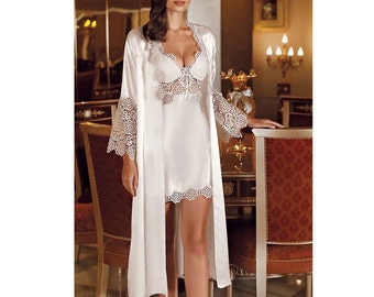 Ecru Satin Nightgown, Lace Robe Bridal Set