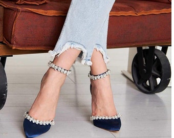 Navy Blue Women Shoe,Navy Blue Ankle Strap,Stone Ankle Strap Shoe,Wedding Shoe,Bridal Shoe,Navy Blue Satin Heel,Blue Stone Ankle Strap Shoes