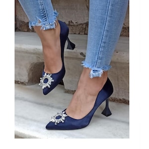 Navy Blue Wedding Shoe,Hennanight Shoe,Bridal Shoe,Satin Navy Blue Stiletto,Satin Bridal Shoe,Navy Blue Heel, Stone Shoe,Stone Wedding Shoe