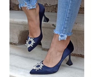 Navy Blue Wedding Shoe,Hennanight Shoe,Bridal Shoe,Satin Navy Blue Stiletto,Satin Bridal Shoe,Navy Blue Heel, Stone Shoe,Stone Wedding Shoe