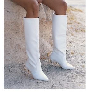 White Women Boot,Wedding Boot,White Bridal Boot,Wedding Shoe,Bridal Booties,White Women Booties,White Bootie,White Heel Boot,White Long Boot