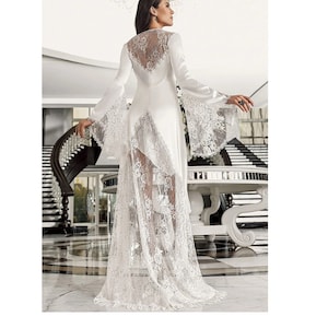 Women Nightgown and Robe Set,Ecru Satin Lace Nightgown Set,Bridal Nightgown,Bridal Shower,For Honeymoon,Bridal Gift,Lace Tulle Robe,LaceRobe