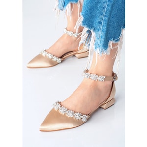 Beige Bridal Shoe,Nude Bridal Flat,Beige Stone Ankle Strap,Satin Beige Flat,Wedding Shoe,Bridal Shoe,Stone Ankle Strap Flat,Women Flat Shoes