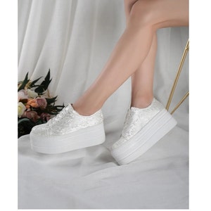 White Bridal Sneaker,White Platform Bridal Wedge,Platform Lace Bridal Shoe,White Wedding Wedge,Lace Embroidered Bridal Platform Shoe,Wedges