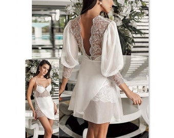 Bridal Nightgown,Satin Lace Nightgown set,Wedding Lingerie,Short Lace Robe,Ecru Wedding Nightgown,Wedding Nightgown and Robe,Bridal Shower