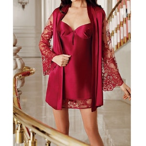 Nightgown and Robe Set,Satin Short Bridal Lingerie Set,Wedding Lingerie,Bridal Robes,Bride Shower,Lace Sexy Nightgown Set,Sexy Peignoir Set