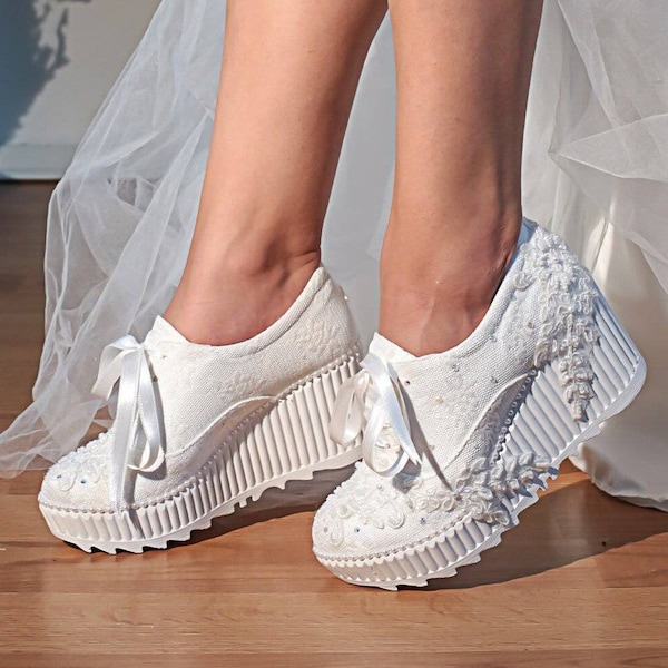 Bridal Sneaker,White Bridal Wedge,Bridal Platform Shoe,Wedding Sneaker,Wedding Platform Shoe,Bridal Shoe,Lace Wedding Wedge,Lace Wedge Heel,