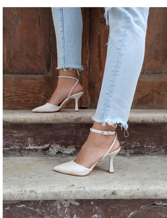 White Pearl Wedding Shoe,bride Shoe,satin Ankle Strap,pearl Bridal