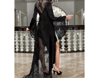 Black Satin Lace Nightgown Robe Set, Bridal Peignoir