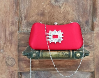 Red Satin Evening Clutch, Wedding Bridal Bag