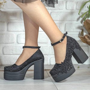 black dress wedges for wedding Black Wedding Shoes for Bride S.DEE Black Satin Peep Open Toe Heel Wedges Bridal Lily of the Valley Lace Pearls Rhinestones Handmade Shoes
