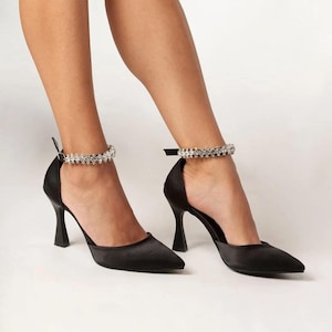 Black Satin Women Shoe,Black Satin Stiletto,Black Wedding Heel,Wedding Shoe,Bridal Shoe,Stone Ankle Strap,Bridal Stiletto,Black Satin Heel