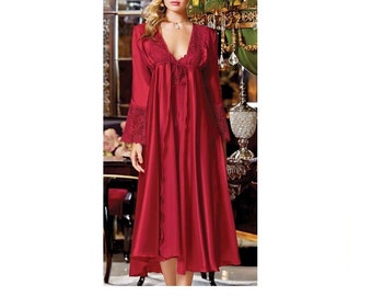 Burgundy Satin Bridal Nightgown and Robe Set