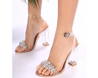 Rose Gold Bridal Heels, Transparent Stone Shoe, 10cm Heel