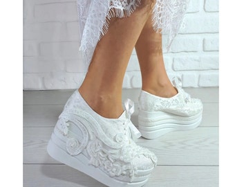 White Bridal Converse,Bridal Sneaker,Wedding Sneakers,Wedding Wedge,Wedge Heeled,Bridal Wedge,Lace Bridal Wedge,White Lace Wedding Sneaker