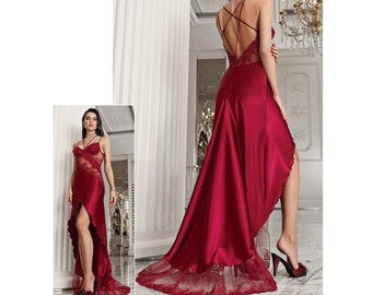 Burgundy Lace Satin Nightgown,Women Nightgown Set,Bridal Nightgown,Burgundy Robe Set,Burgundy Wedding Nightgown and Robe,Bridal Shower Gift