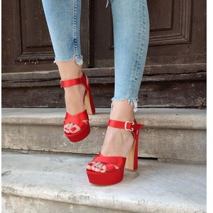 Red Satin Women Shoe,Red Platform Heel,Ankle Strap Platform,Wedding Shoe,Bridal Shoe,Red Satin Wedding Shoe,Valentine&#39;s Day Gift,Red Shoes
