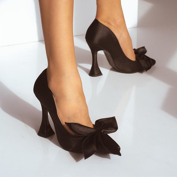 Black Satin Shoes,Black Bow Detail Satin Stiletto,Bridal Shoes,Wedding Shoe,Block Heeled Shoe,Satin Black Heeled,Black Stiletto,Bridal Shoes