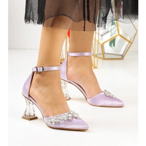Lilac Satin Women Shoe,Bridal Shoe,Wedding Shoe,Stone Detail,Transparent Heeled Shoe, Lilac Satin Wedding Shoe,Lilac Stone Shoe,Bridal Shoes