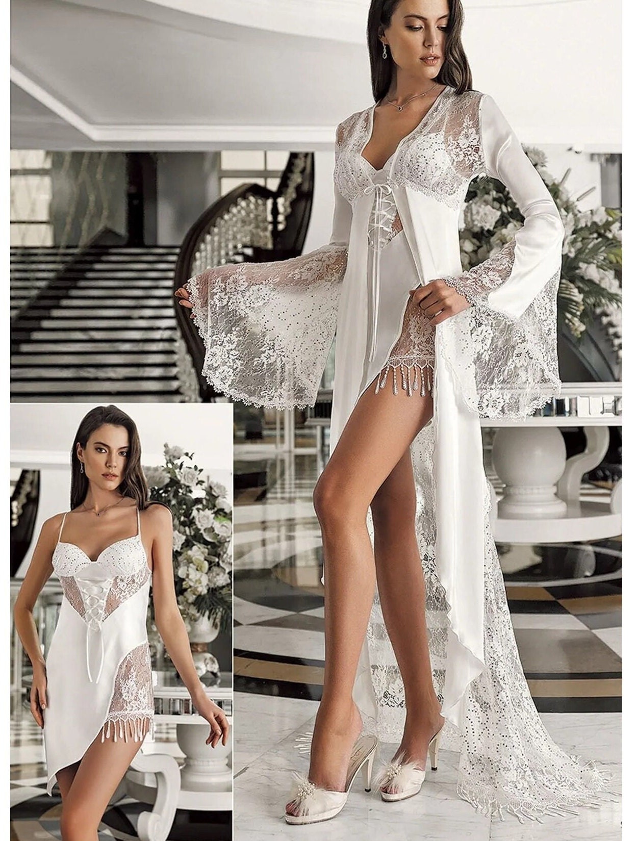 Sexy Lace Nightdress & Short Robe Set