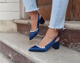 Navy Blue Women Shoe,Satin Navy Blue Shoe,Wedding Shoe,Stone Navy Blue Shoe,Blue Short Heel Wedding Shoe,Satin Stone Blue Shoe,Bridal Shoes