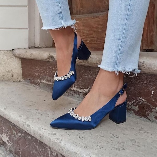 Navy Blue Women Shoe,Satin Navy Blue Shoe,Wedding Shoe,Stone Navy Blue Shoe,Blue Short Heel Wedding Shoe,Satin Stone Blue Shoe,Bridal Shoes