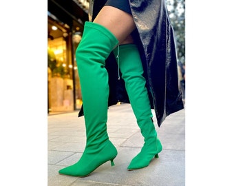 Green Boot,Green Long Boots,Matte Stretch Boot,Over-the-knee Boots,Valentine's Day Gift,Christmas,Wedding Boot,Long Boots,Green Long Boots