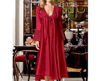 Burgundy Lace Satin Nightgown Set, Bridal Lingerie, Honeymoon Pajamas