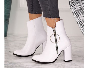 White Bridal Ankle Boots, Block Heel, Wedding Boot