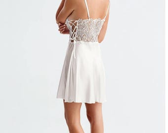 Ecru Satin Bridal Nightgown, Lace Detail Robe Set