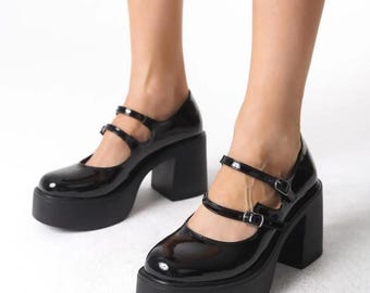 Black Patent Leather Mary Jane, Platform Heel,Black Women Platform Heel,Mary Jane Heel Shoe