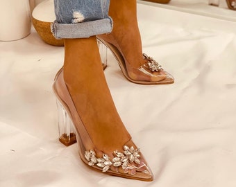 Zapatos de novia transparentes, tacones de boda con diamantes de imitación