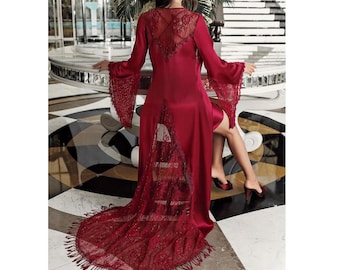 Burgundy Lace Bridal Nightgown, Satin Peignoir Robe Set