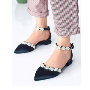 Black Satin Women Shoe,Black Stone Flat,Wedding Flat Shoe,Satin Ankle Strap Shoe,Black Stone Ankle Strap,Bridal Shoe,Black Bridal Flat Shoe